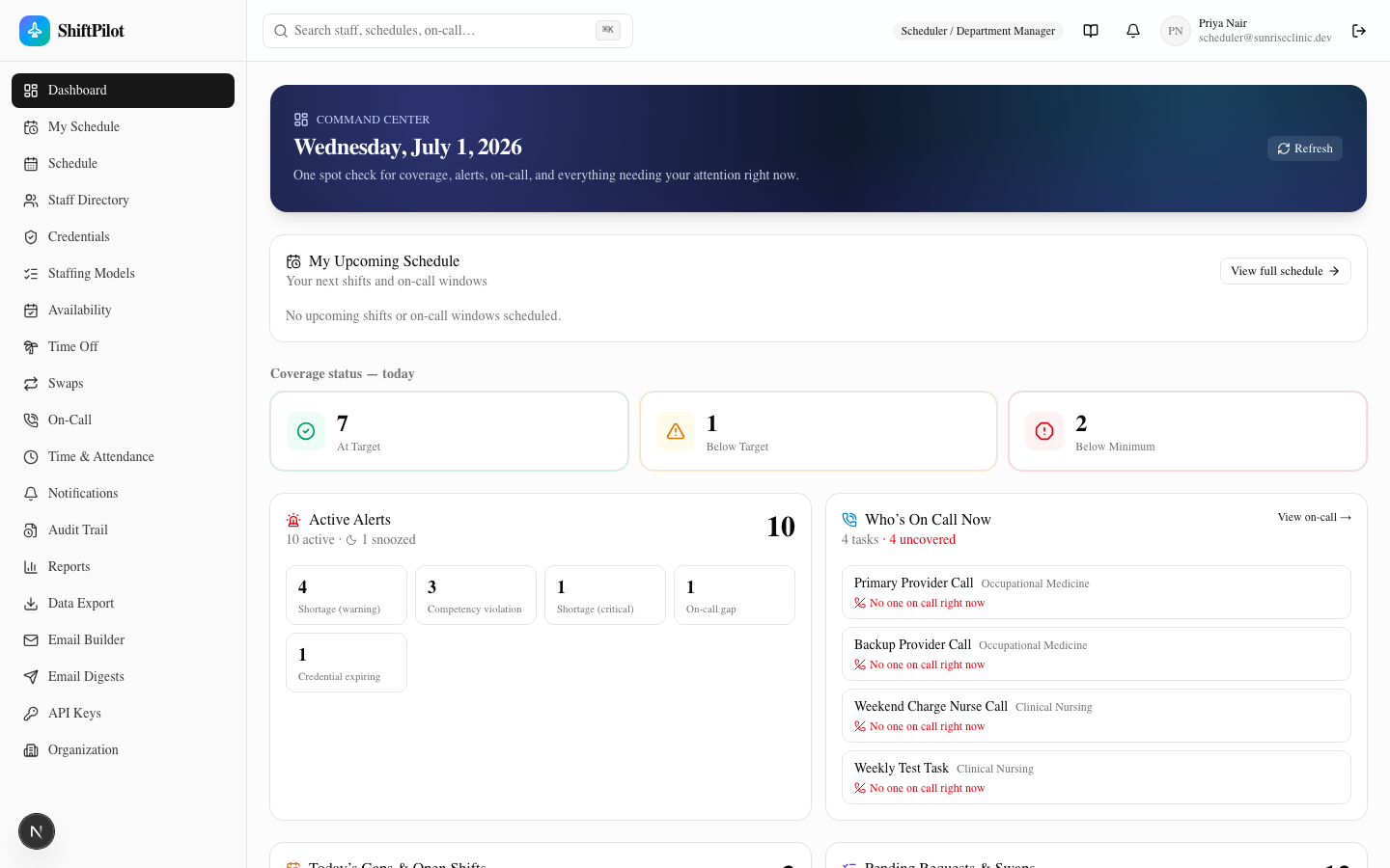 Command-center dashboard for a Scheduler