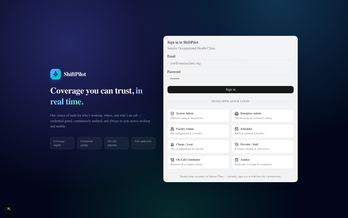 ShiftPilot login page with developer quick-login grid