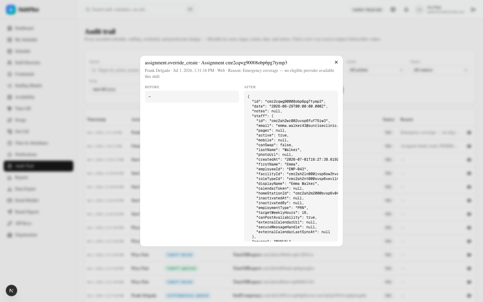 Audit trail with before and after values