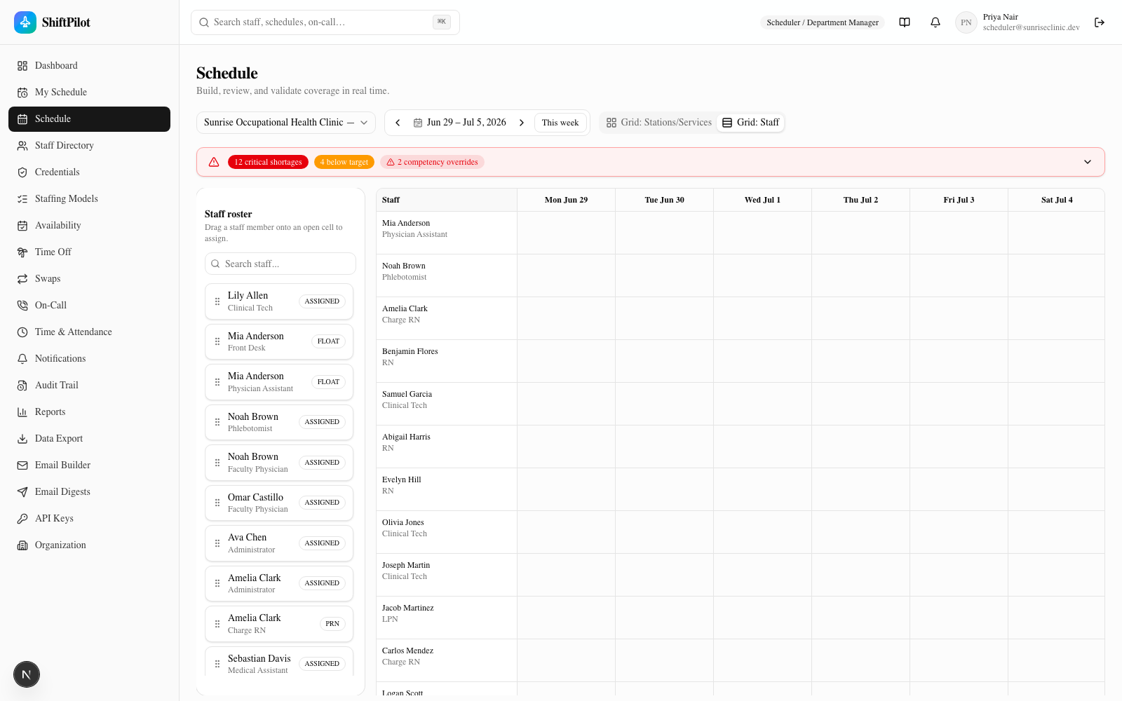 Grid: Staff view — rows are people, columns are days